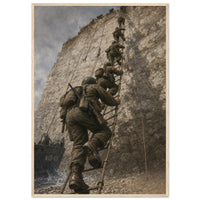 Pointe du Hoc — framed fine art print of Rangers climbing a rope ladder up the cliff, 12x18″ in a natural wood frame