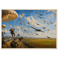 Over the Dutch Plain — framed fine art print of paratroopers landing under parachutes, 12x18″ in a natural wood frame