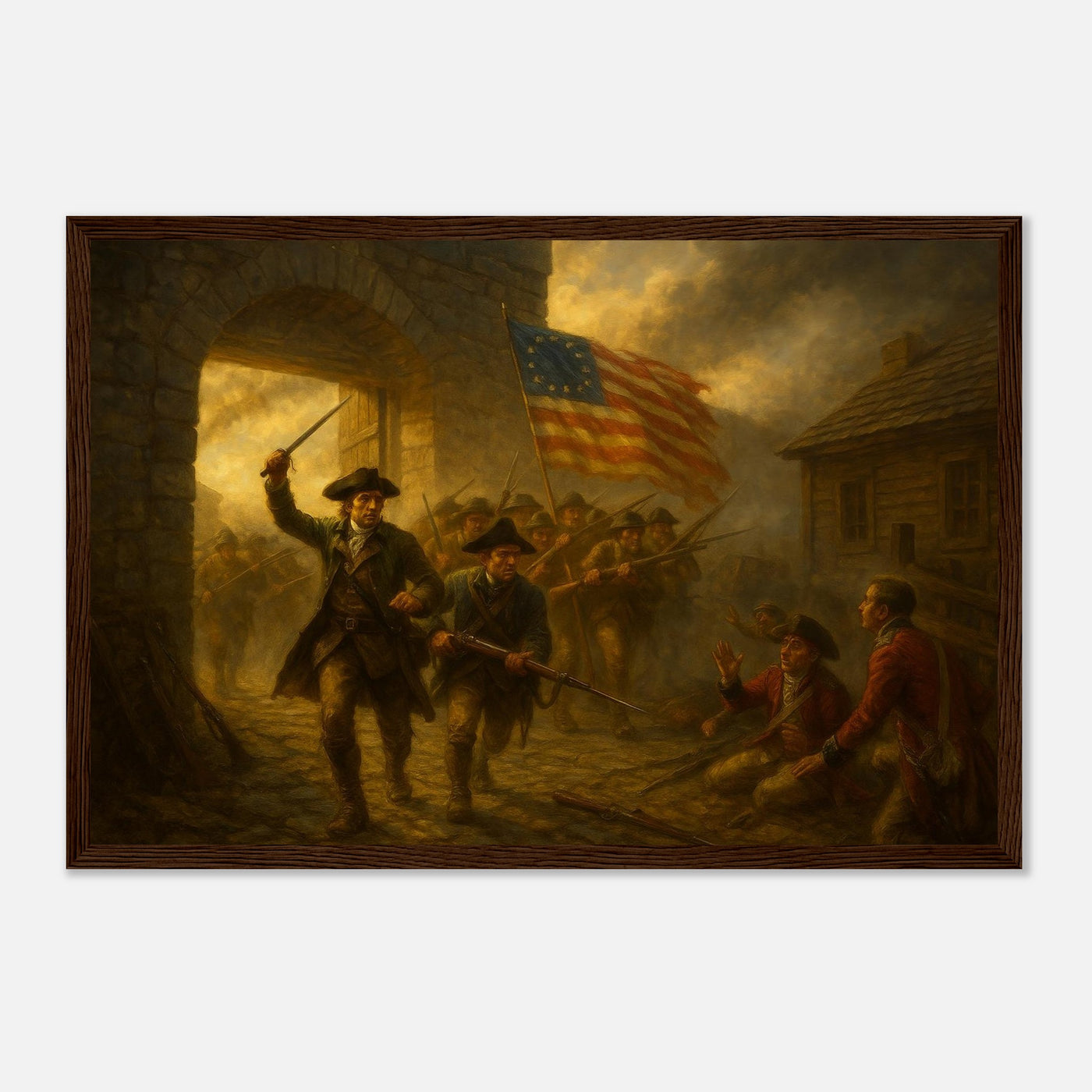 Framed print of the capture of Fort Ticonderoga, ready to hang.