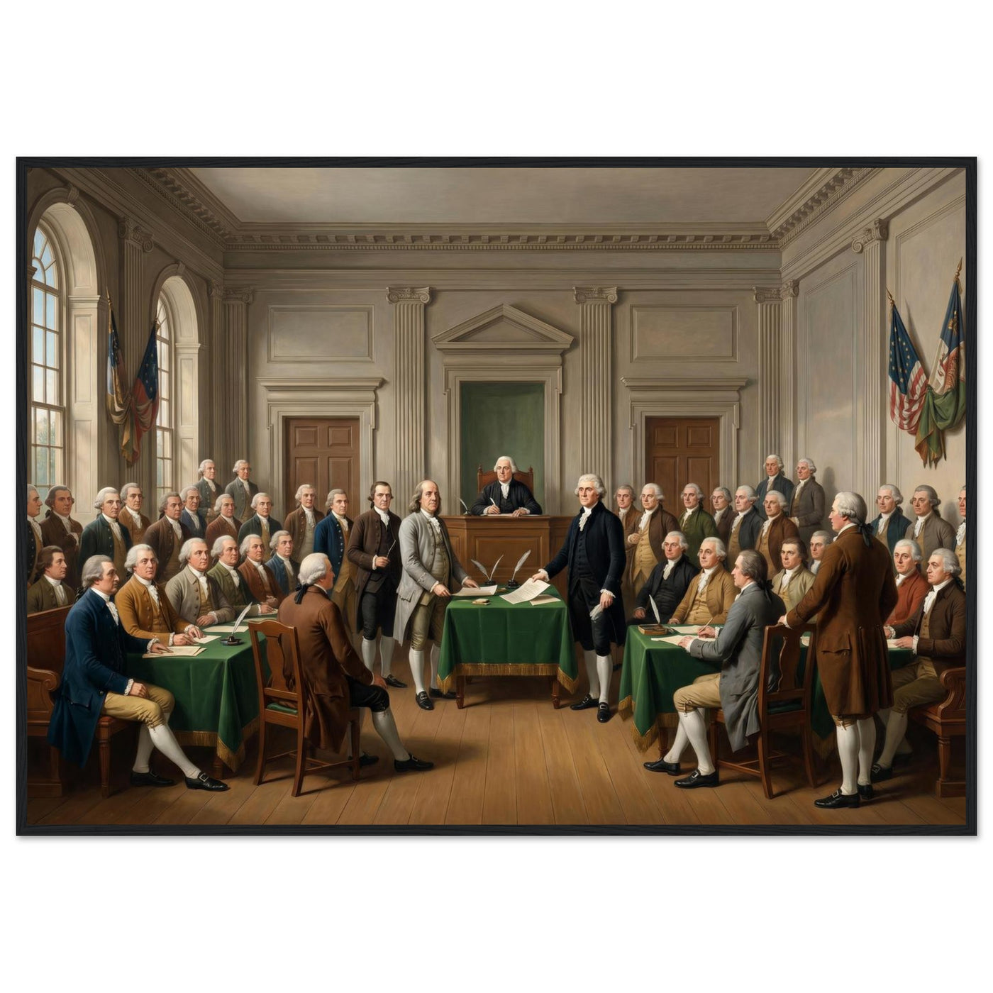 Wooden framed print of the signing of the Declaration — room view, ready to hang.