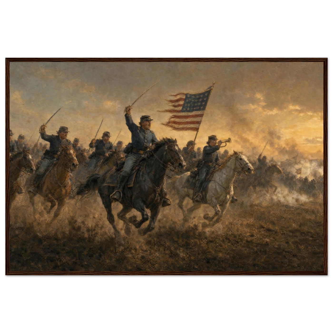 Wooden framed print of a Union cavalry charge — room view, ready to hang.