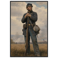 Framed portrait painting of a weary Union soldier standing at rest, leaning on his rifle, in a solid wood frame.
