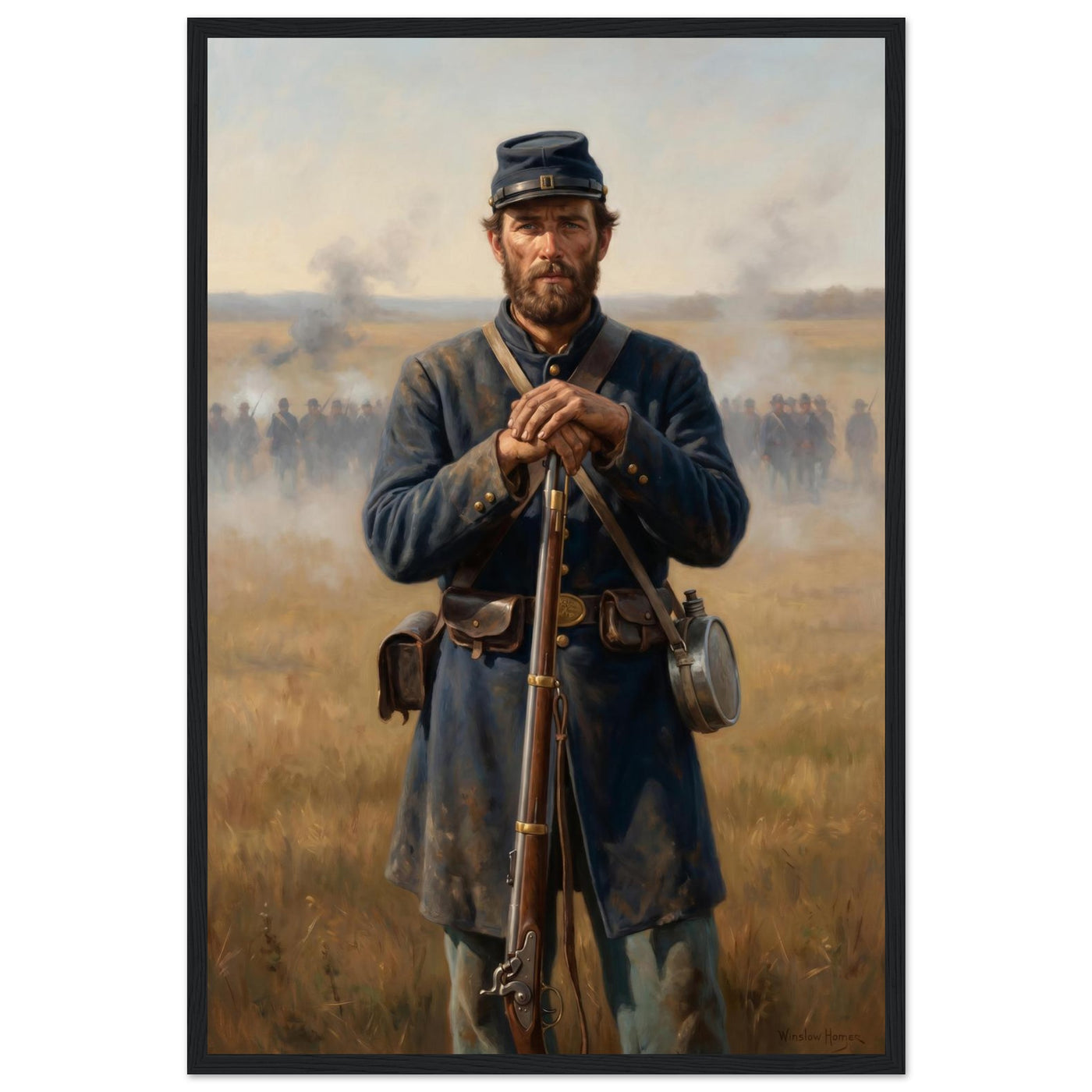 Framed portrait of a Union soldier standing with his rifle, ready to hang.