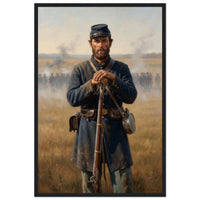 Framed portrait of a Union soldier standing with his rifle, ready to hang.