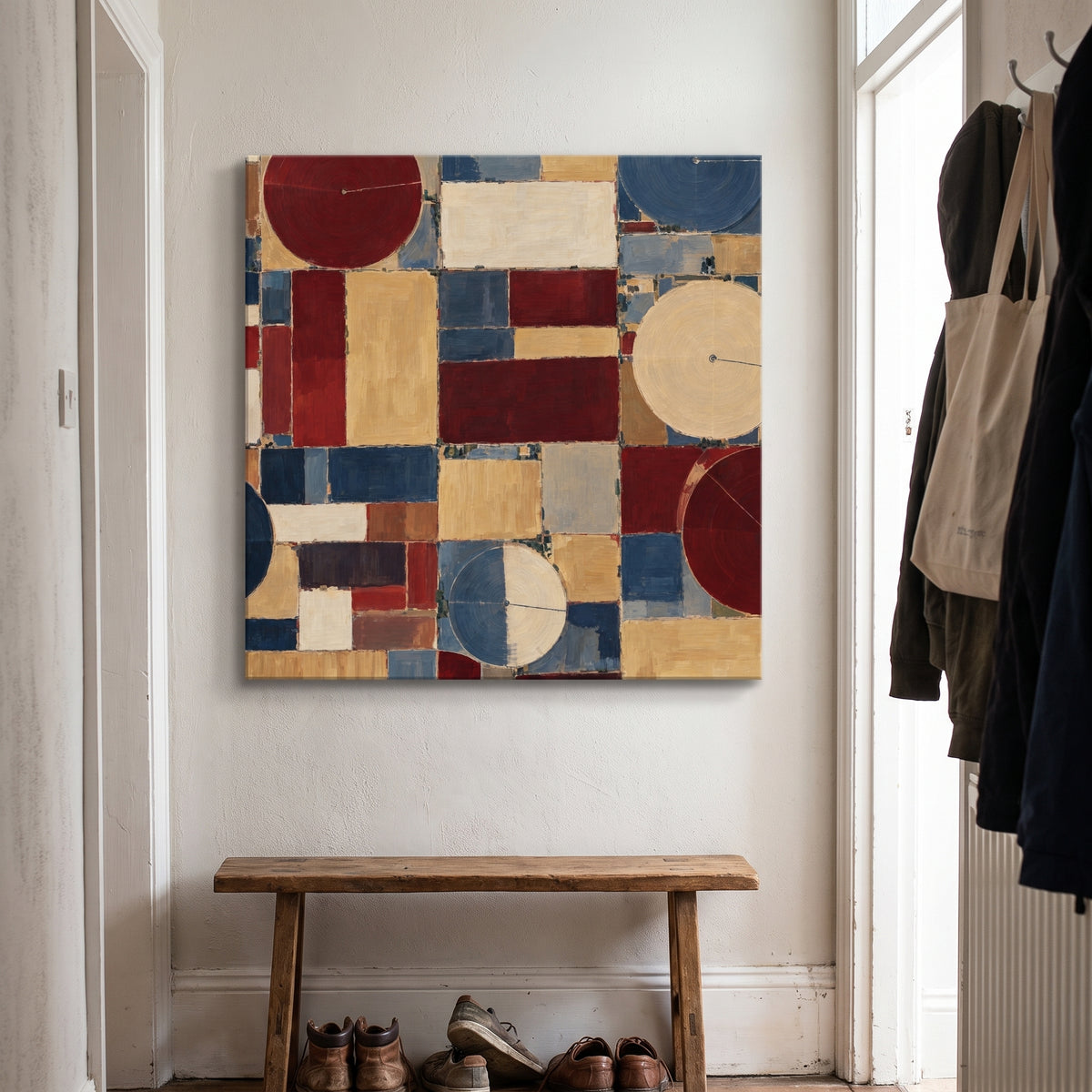 Section Lines – aerial farmland sections and irrigation circles in red, cream and blue, patriotic canvas wall art above a wooden bench in a hallway