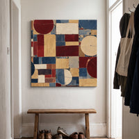 Section Lines – aerial farmland sections and irrigation circles in red, cream and blue, patriotic canvas wall art above a wooden bench in a hallway