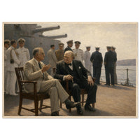 Placentia Bay, 1941 — framed fine art print of Roosevelt and Churchill seated on deck, 12x18″ in a natural wood frame