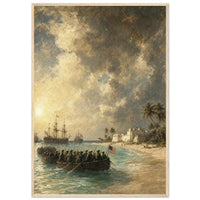 New Providence, 1776 — framed fine art print of Continental Marines rowing toward Nassau, 12x18″ in a natural wood frame