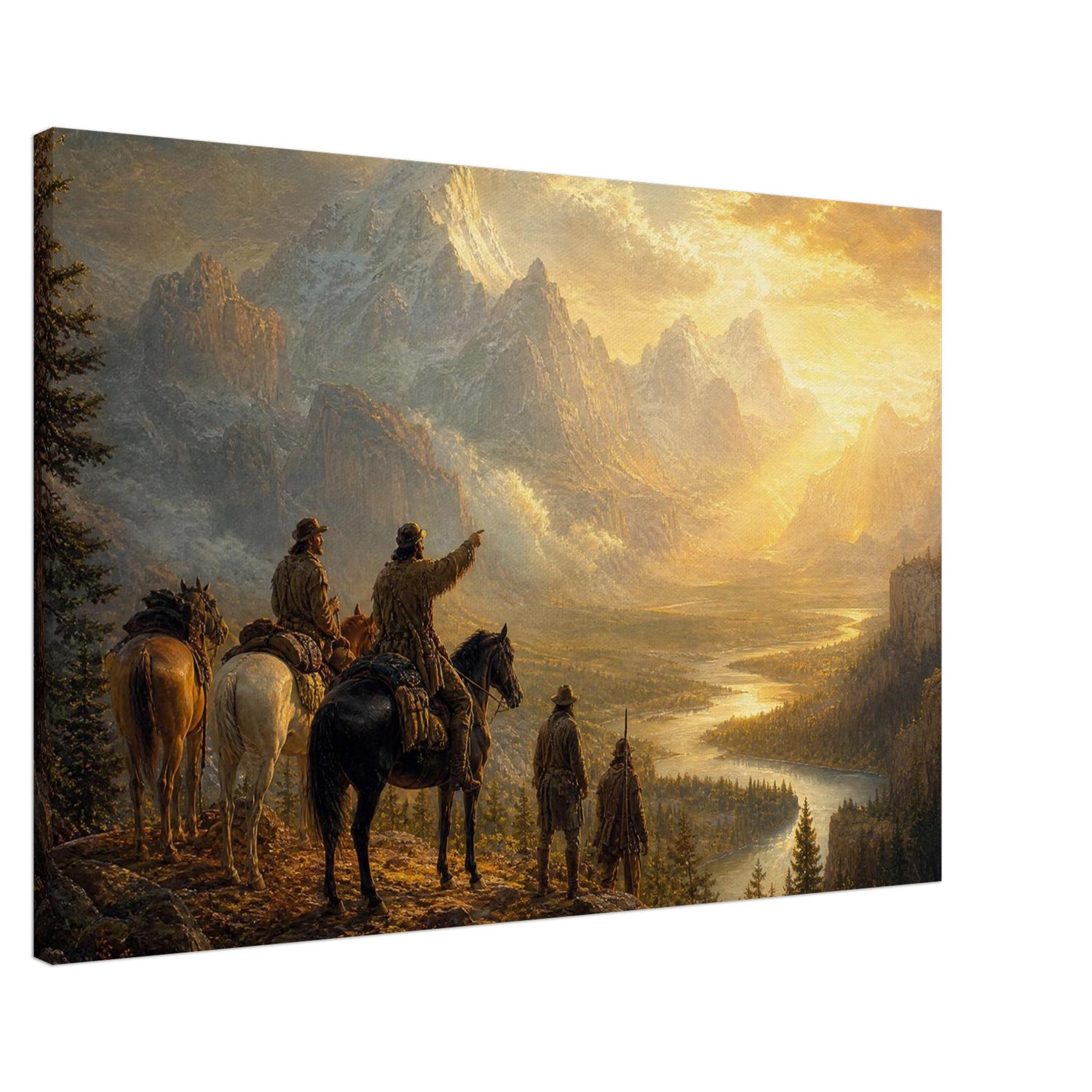 Canvas print of pioneers overlooking a sunset mountain vista, ready to hang.