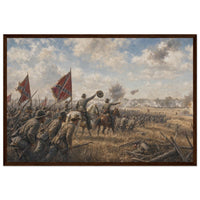 Framed art print of Civil War troops charging across a battlefield beneath a golden dusk sky, in a solid wood frame.