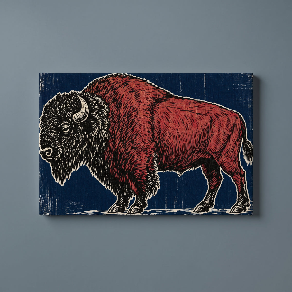 Woodcut Bison – American bison as a red and black relief print on deep blue, patriotic canvas wall art on a slate grey wall