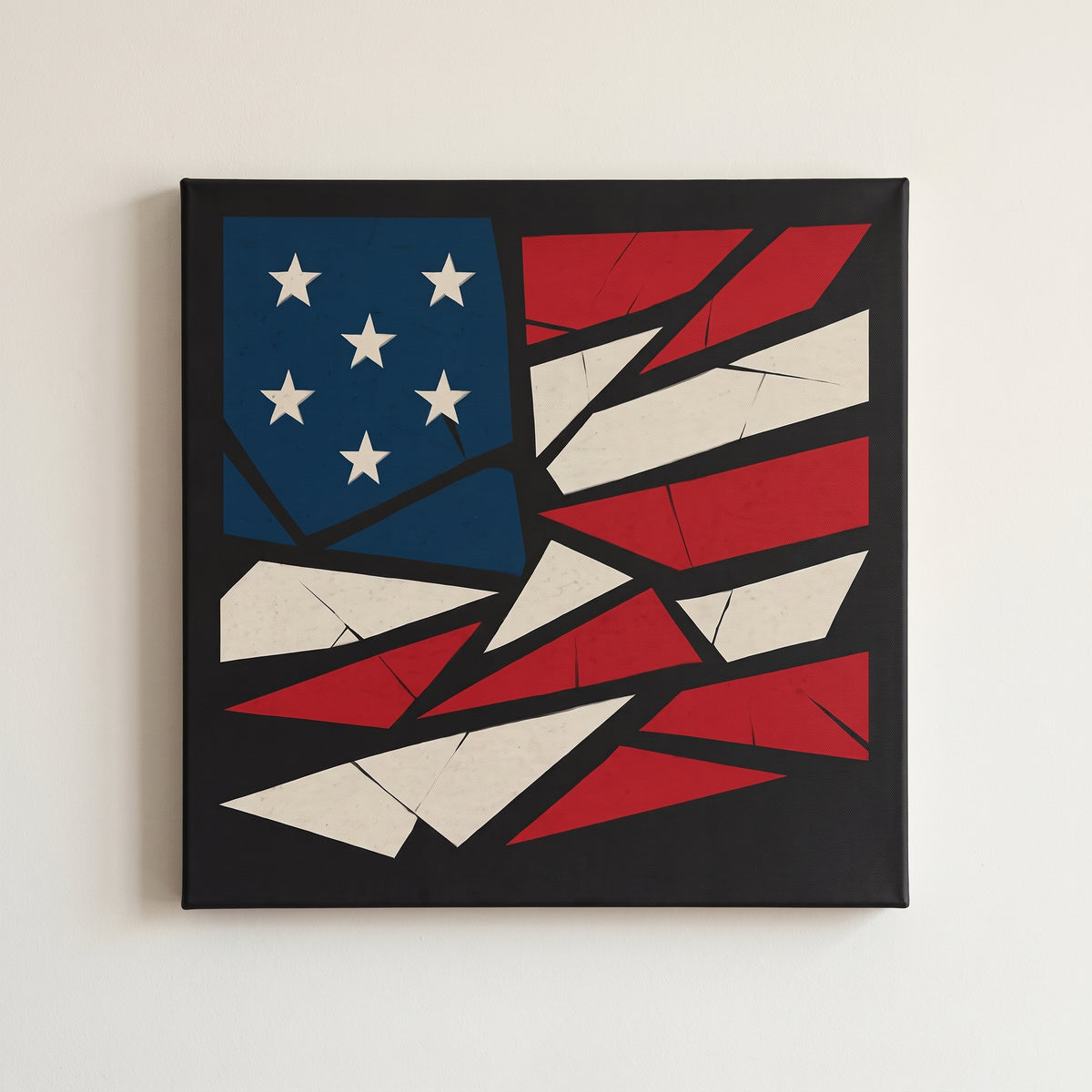 Shattered Liberty – American flag broken into angular shards, patriotic canvas wall art on a linen white wall