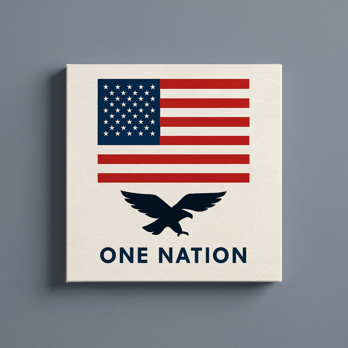 One Nation – American flag above a navy eagle and One Nation lettering, patriotic canvas wall art on a slate grey wall