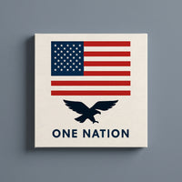 One Nation – American flag above a navy eagle and One Nation lettering, patriotic canvas wall art on a slate grey wall