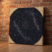 A Chart of Stars – antique celestial chart with gold constellations and fifty stars, patriotic canvas wall art leaning against a red brick wall