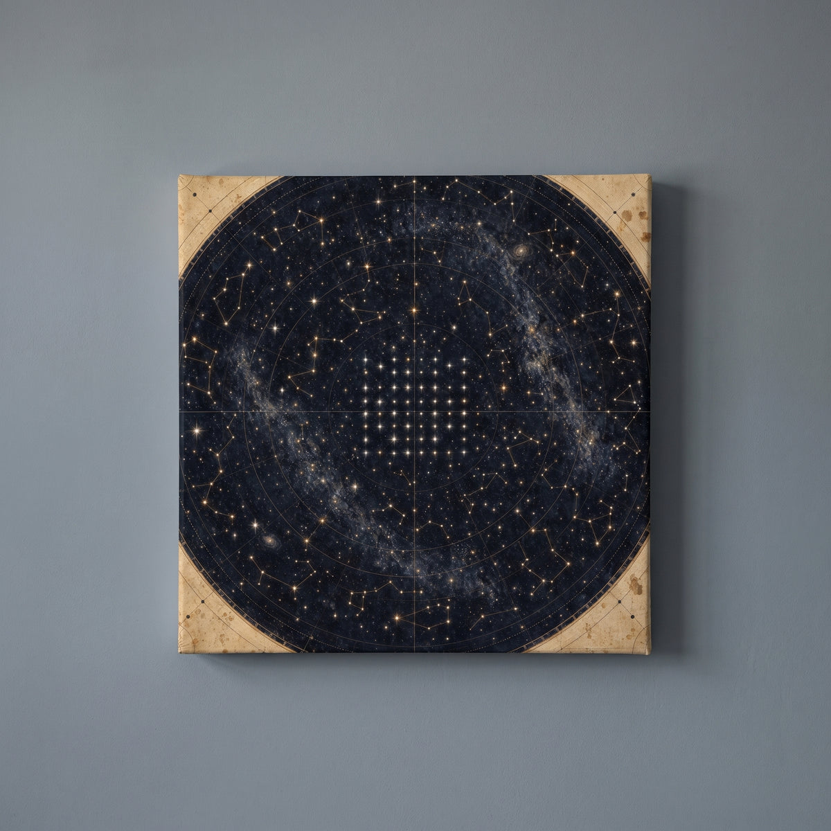 A Chart of Stars – antique celestial chart with gold constellations and fifty stars, patriotic canvas wall art on a slate grey wall