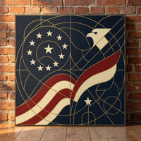 Mosaic of Freedom – art deco linework of stars, a flag ribbon and an eagle on navy, patriotic canvas wall art leaning against a red brick wall