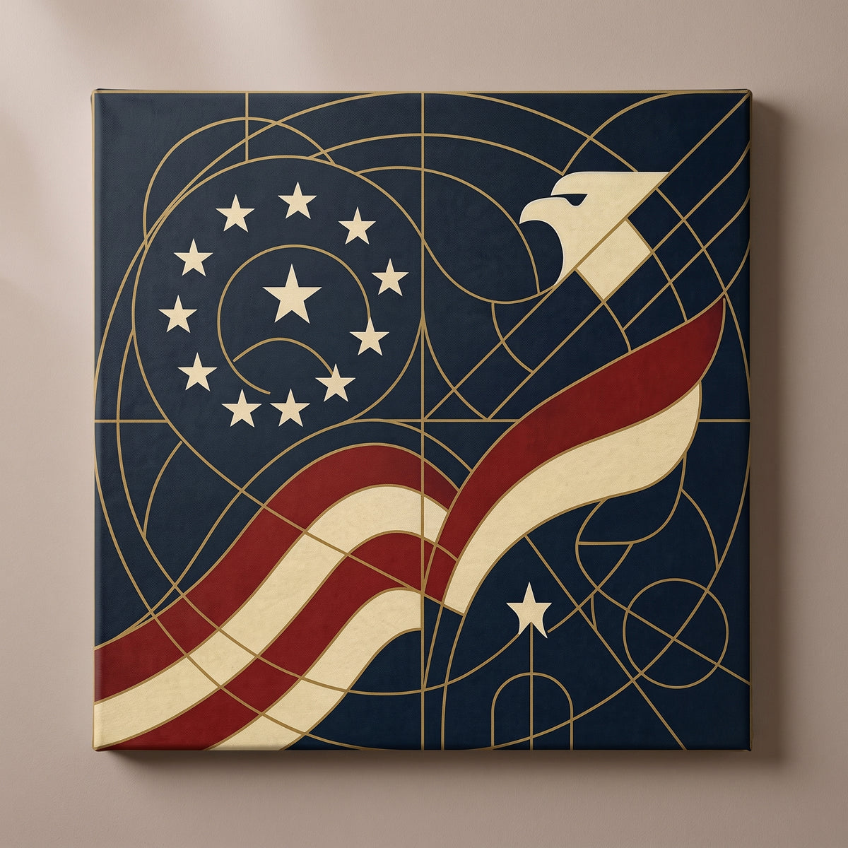 Mosaic of Freedom – art deco linework of stars, a flag ribbon and an eagle on navy, patriotic canvas wall art on a taupe wall