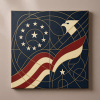 Mosaic of Freedom – art deco linework of stars, a flag ribbon and an eagle on navy, patriotic canvas wall art on a taupe wall