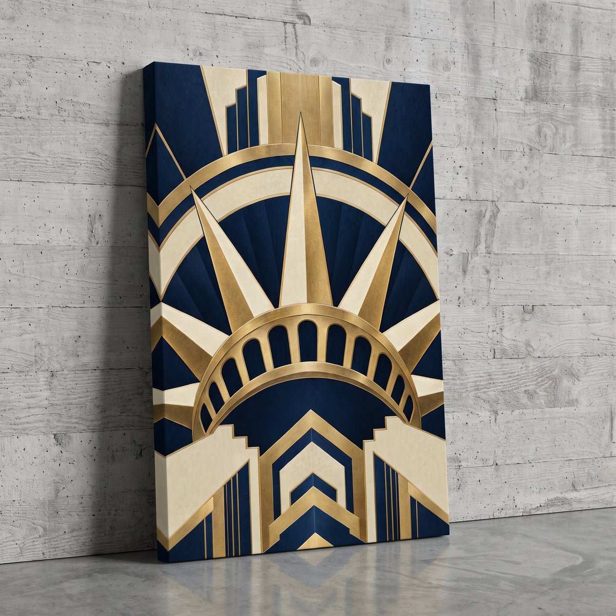 Crown of Liberty – art deco Statue of Liberty crown in gold and navy, patriotic canvas wall art leaning against a concrete wall