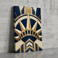 Crown of Liberty – art deco Statue of Liberty crown in gold and navy, patriotic canvas wall art leaning against a concrete wall