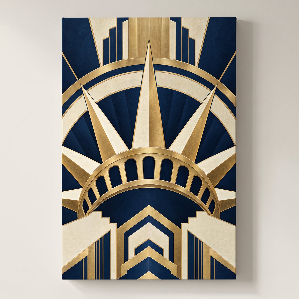 Crown of Liberty – art deco Statue of Liberty crown in gold and navy, patriotic canvas wall art on a linen white wall