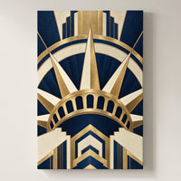 Crown of Liberty – art deco Statue of Liberty crown in gold and navy, patriotic canvas wall art on a linen white wall