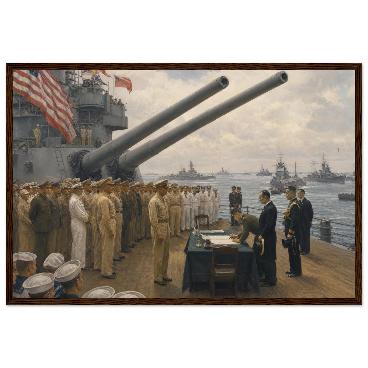 Framed panoramic art print of the 1945 Japanese surrender ceremony aboard the USS Missouri, in a solid wood frame.