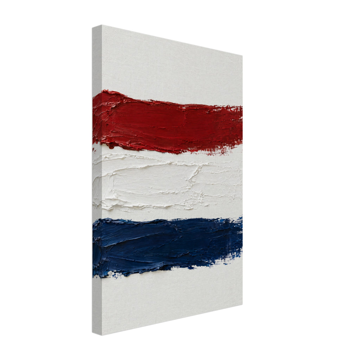 Three strokes of red, white and blue paint on raw linen