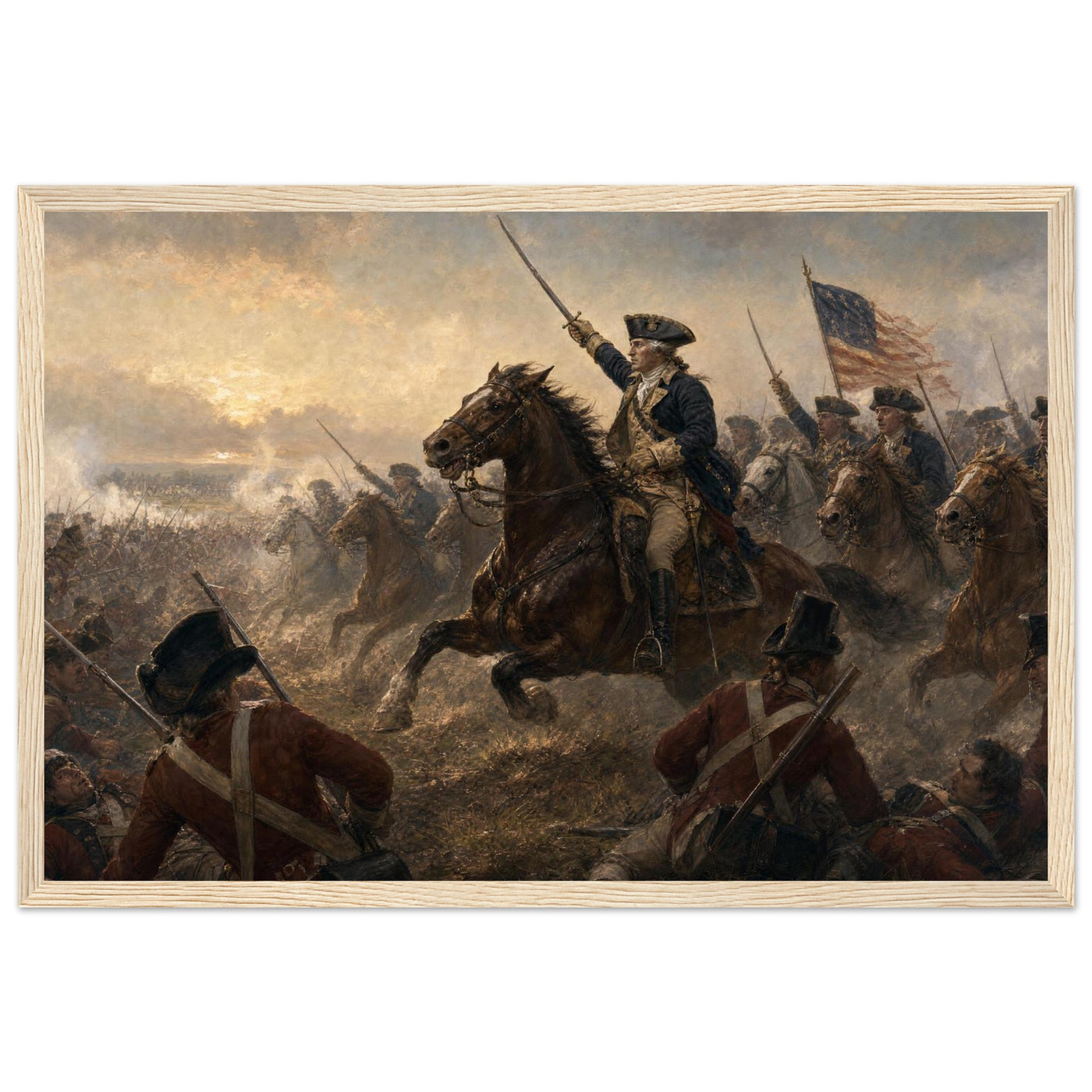 Framed print of a Revolutionary cavalry charge with the flag, ready to hang.