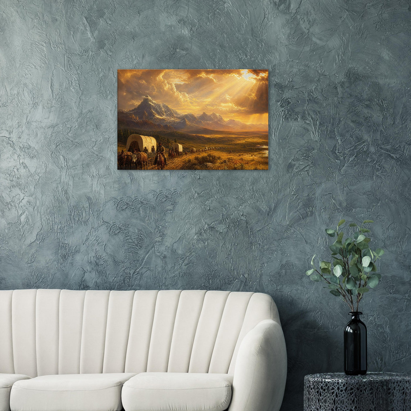 Canvas print of a pioneer wagon at golden hour — room view, ready to hang.