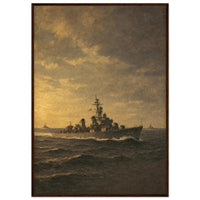 By Sea — framed fine art print of the destroyer USS Fletcher under way at sunset, 12x18″ in a dark wood frame