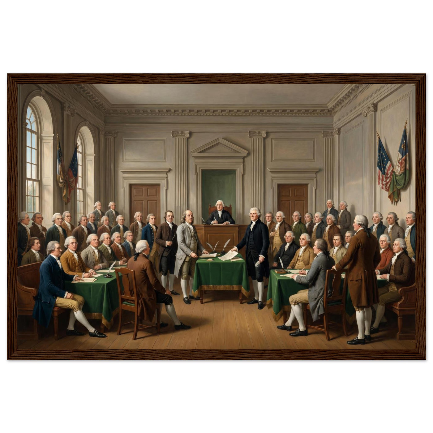 Wooden framed print of the signing of the Declaration — room view, ready to hang.