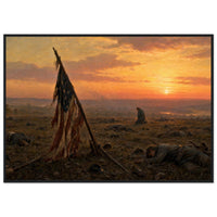 Framed art print of a Confederate flag-bearer silhouetted against a fiery sunset over a battlefield of the fallen, in a solid wood frame.