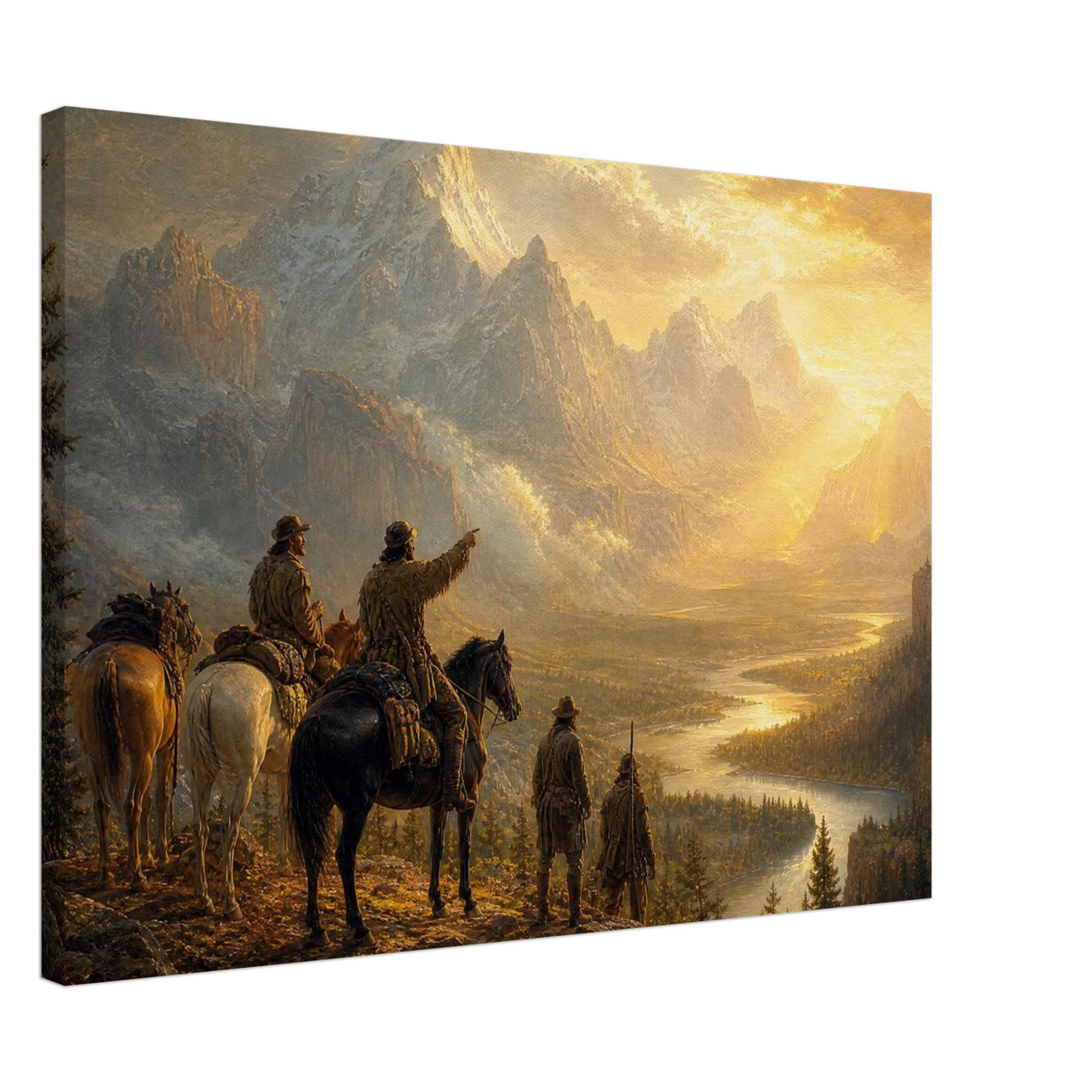 Canvas print of pioneers overlooking a sunset vista — room view, ready to hang.