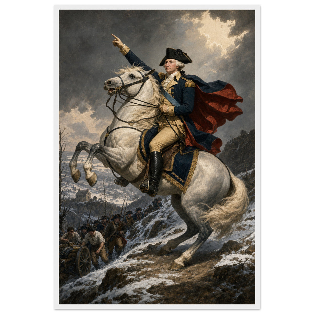 Onward to Princeton — framed fine art print of Washington on a rearing white horse pointing up a snowy ridge above his troops, in a white frame