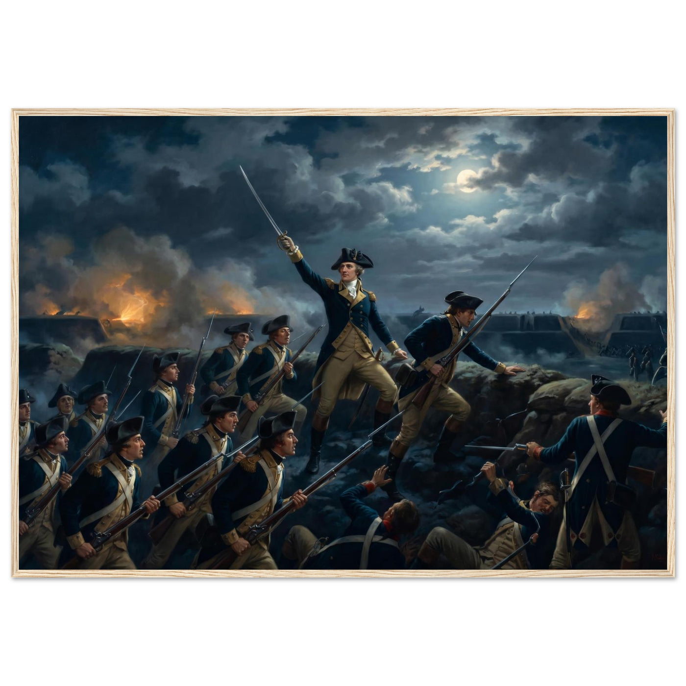 Framed print of the night storming of the redoubt at Yorktown, ready to hang.