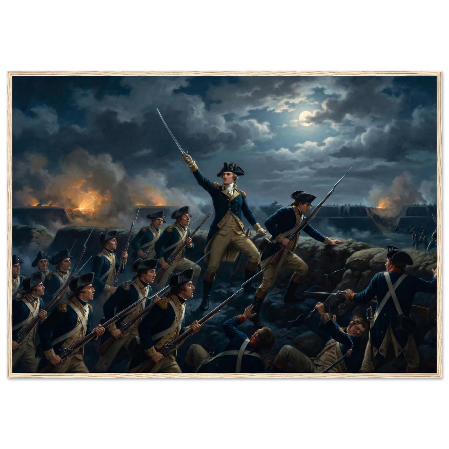 Framed print of the night storming of the redoubt at Yorktown, ready to hang.
