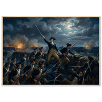 Framed print of the night storming of the redoubt at Yorktown, ready to hang.