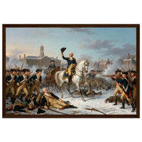 Framed print of Washington rallying the troops at Trenton, ready to hang.