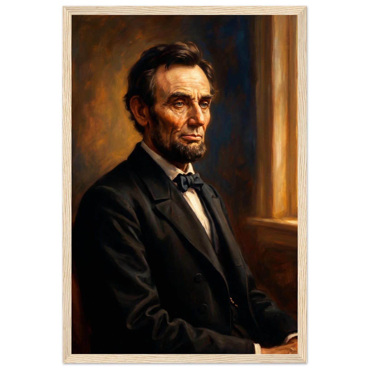 Framed seated portrait of Abraham Lincoln, ready to hang.