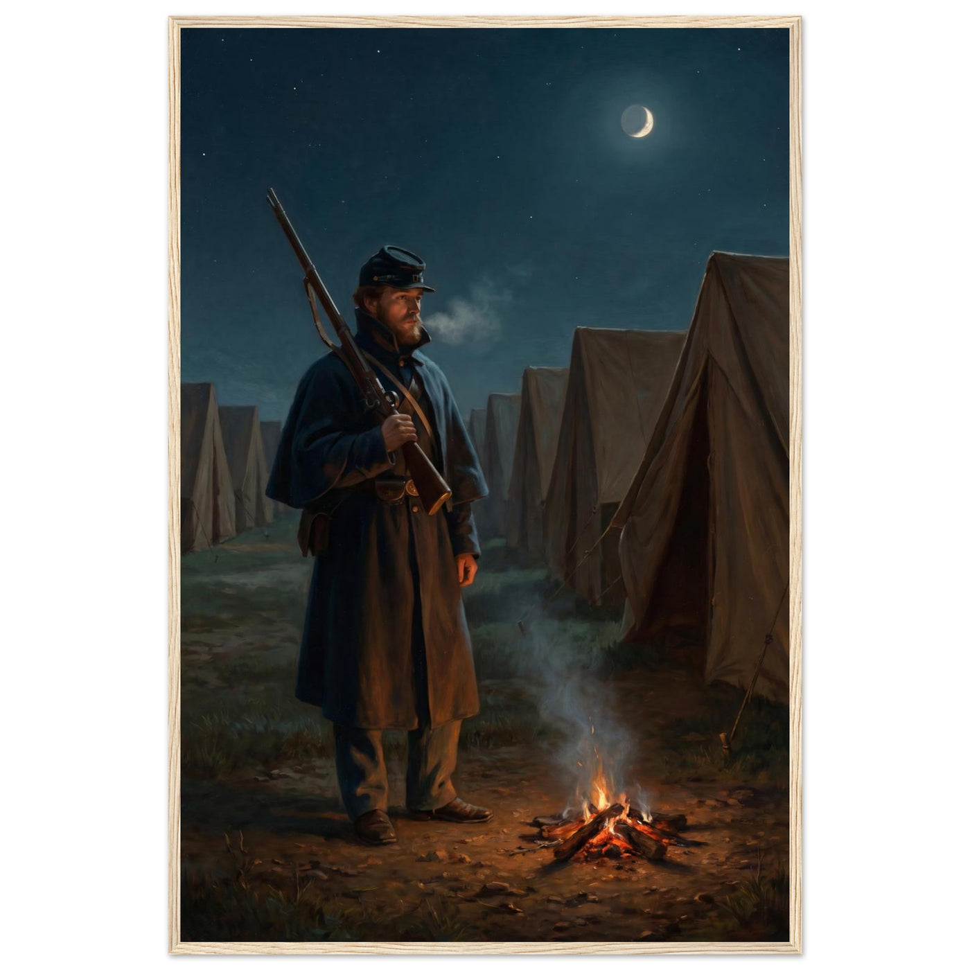 Framed print of a Union sentinel keeping watch by a campfire at night, ready to hang.