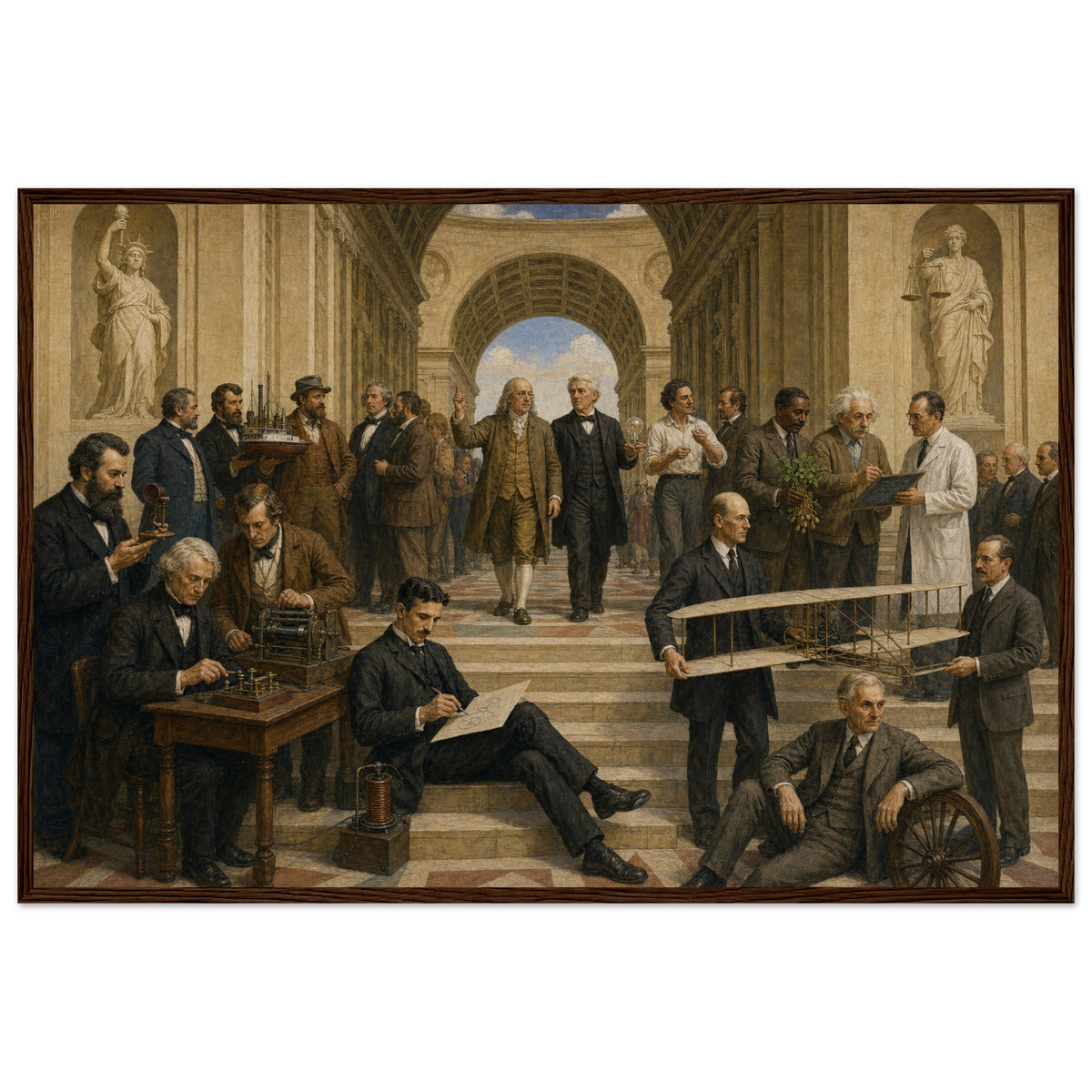 The School of Invention — framed fine art print of American inventors gathered on the steps of a vaulted hall, Franklin and Edison at center, in a dark wood frame