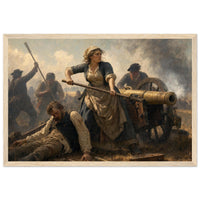 Framed art print of a woman standing defiantly at a cannon amid fallen soldiers on the battlefield, in a solid wood frame.