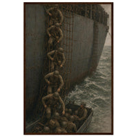 Down the Scramble Nets — framed print of troops climbing a cargo net into a landing craft, 28x40″ in a dark wood frame