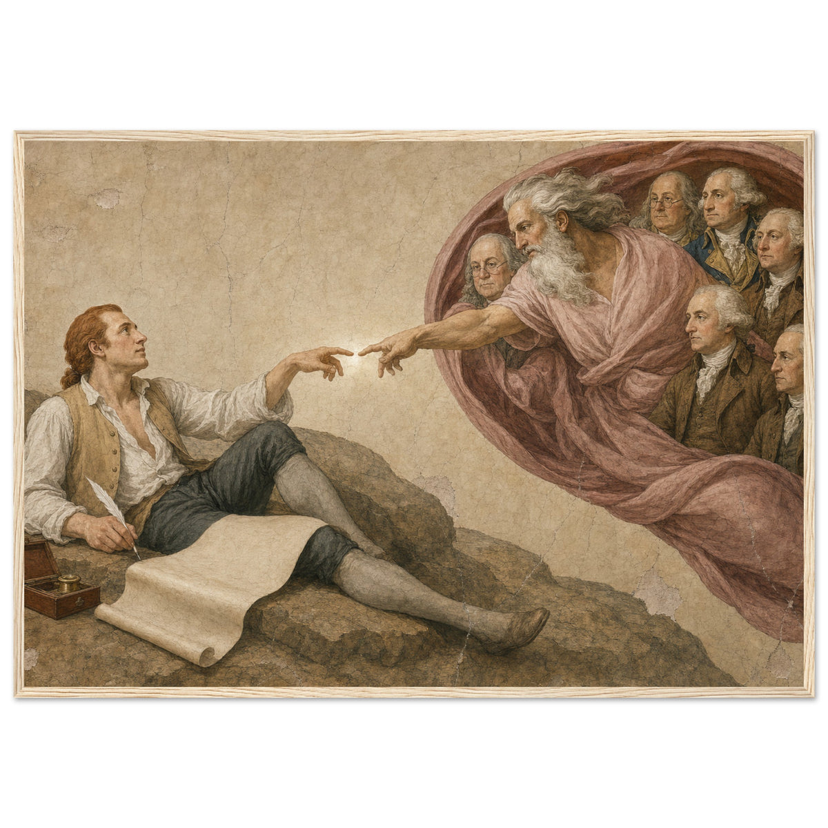 The Creation of a Nation framed print, Jefferson reaching toward the founders, in a natural wood frame