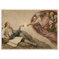 The Creation of a Nation framed print, Jefferson reaching toward the founders, in a natural wood frame