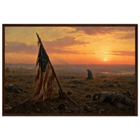 Framed art print of a Confederate flag-bearer silhouetted against a fiery sunset over a battlefield of the fallen, in a solid wood frame.