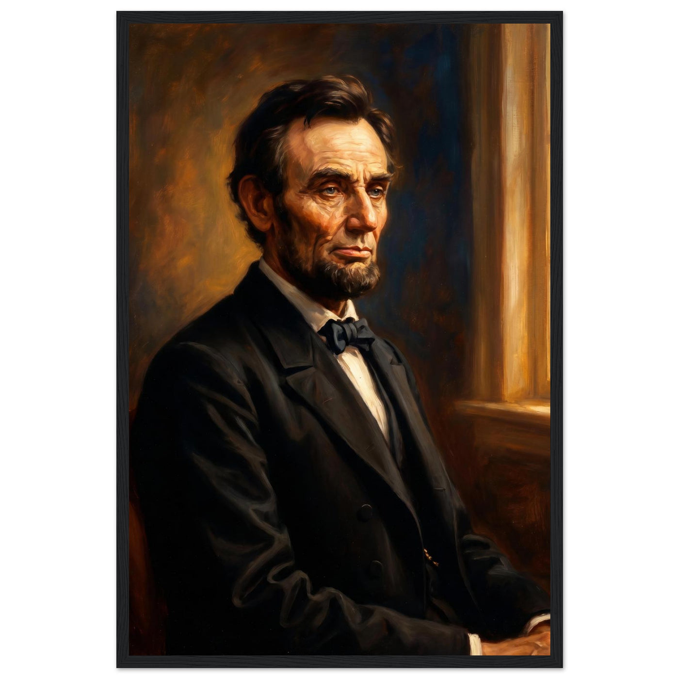 Framed seated portrait of Abraham Lincoln, ready to hang.