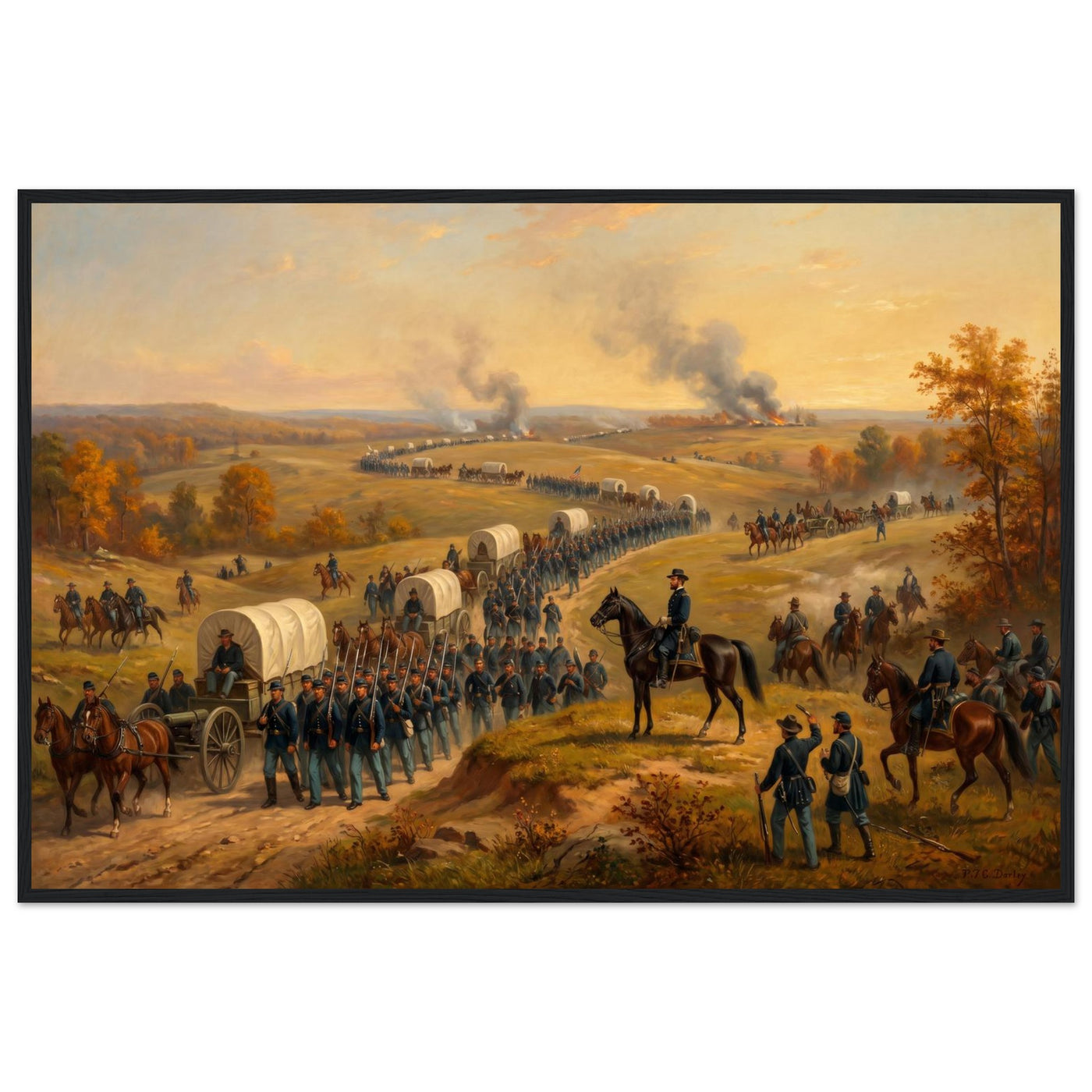 Framed panoramic art print of a Civil War cavalry and wagon column marching at sunset, in a solid wood frame.